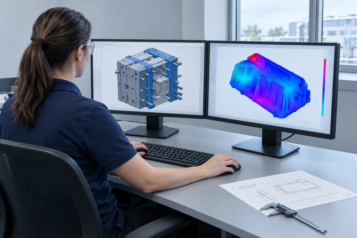 Engineer reviewing a mold assembly and mold-flow simulation in CAD