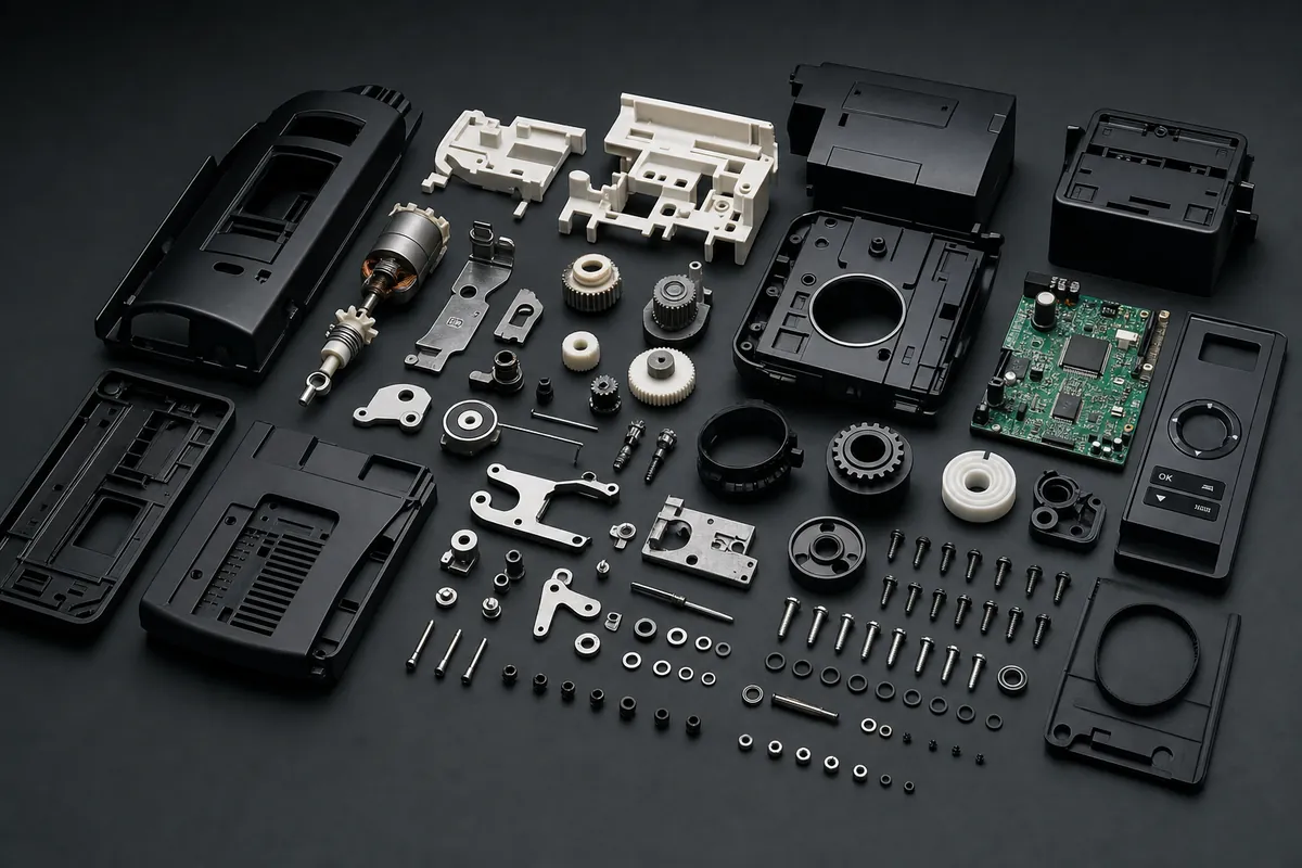 Exploded layout of molded, machined, and electronic components for an assembly