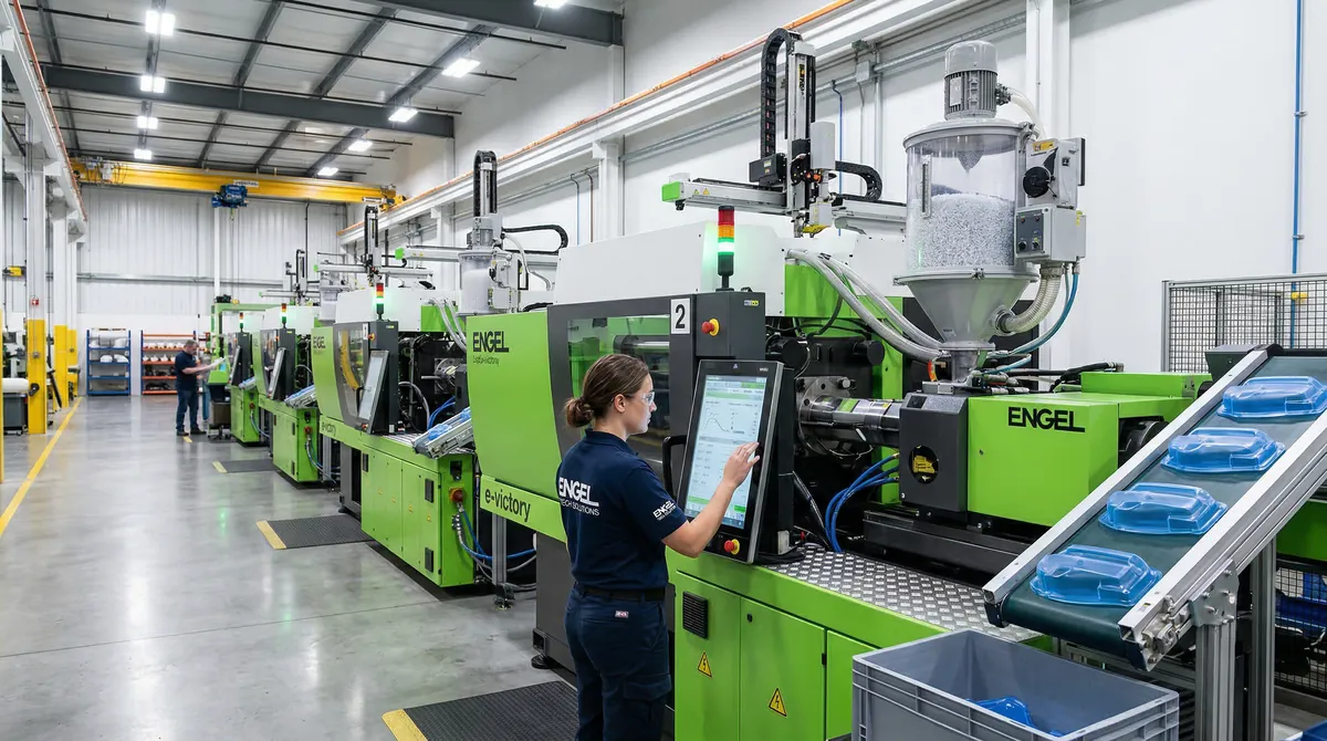 Tie-bar-less Engel injection molding machines with robots on a climate-controlled molding floor
