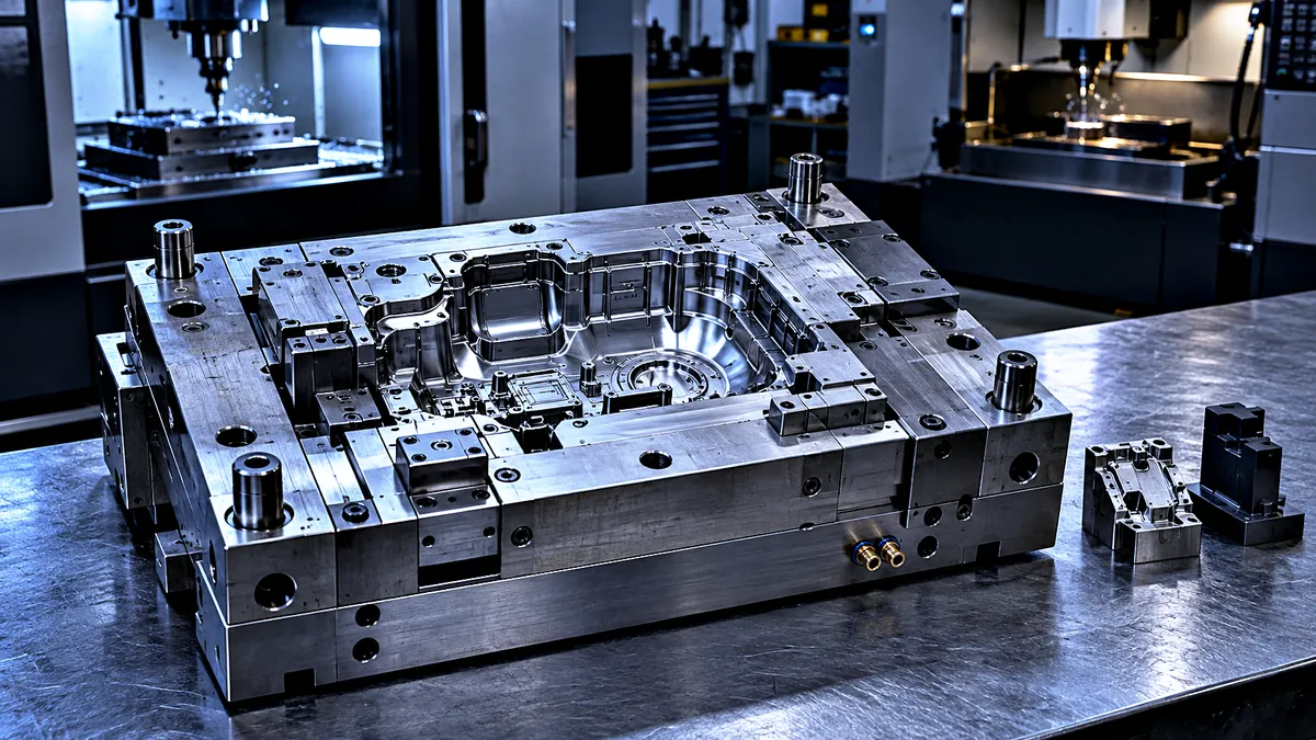 Finished injection mold half on a tool room bench: machined cavity with fitted inserts, four leader pins and waterline fittings, with machining centers behind