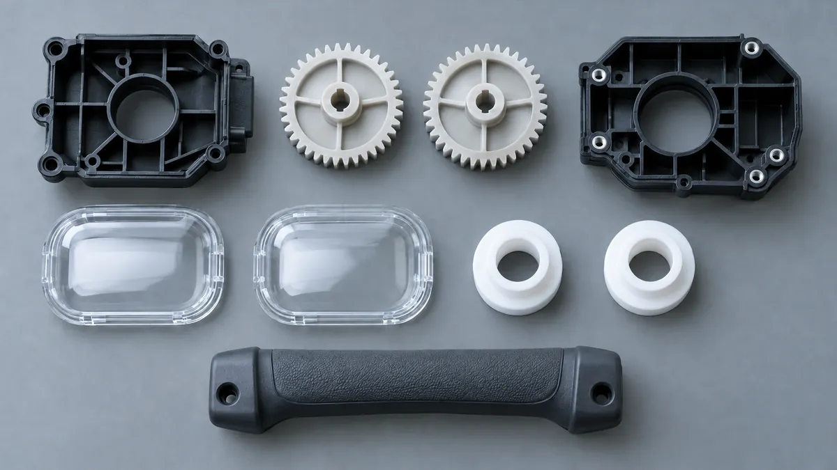 Molded housings, gears, lenses, bushings, and an over-molded grip in engineering resins