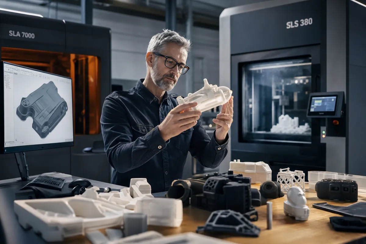 Engineer evaluating 3D-printed prototype parts