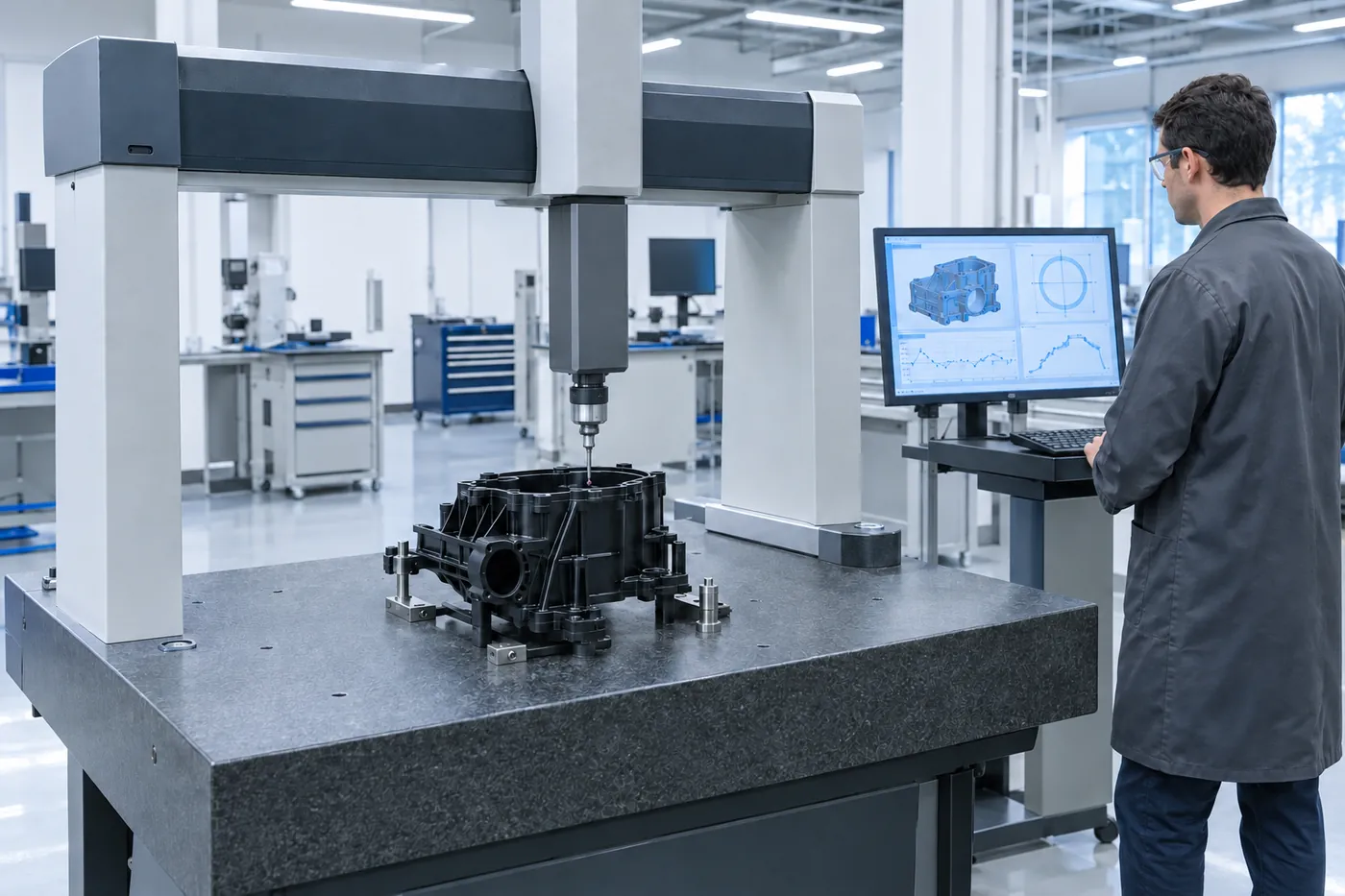 Coordinate measuring machine inspecting a molded housing in the quality lab