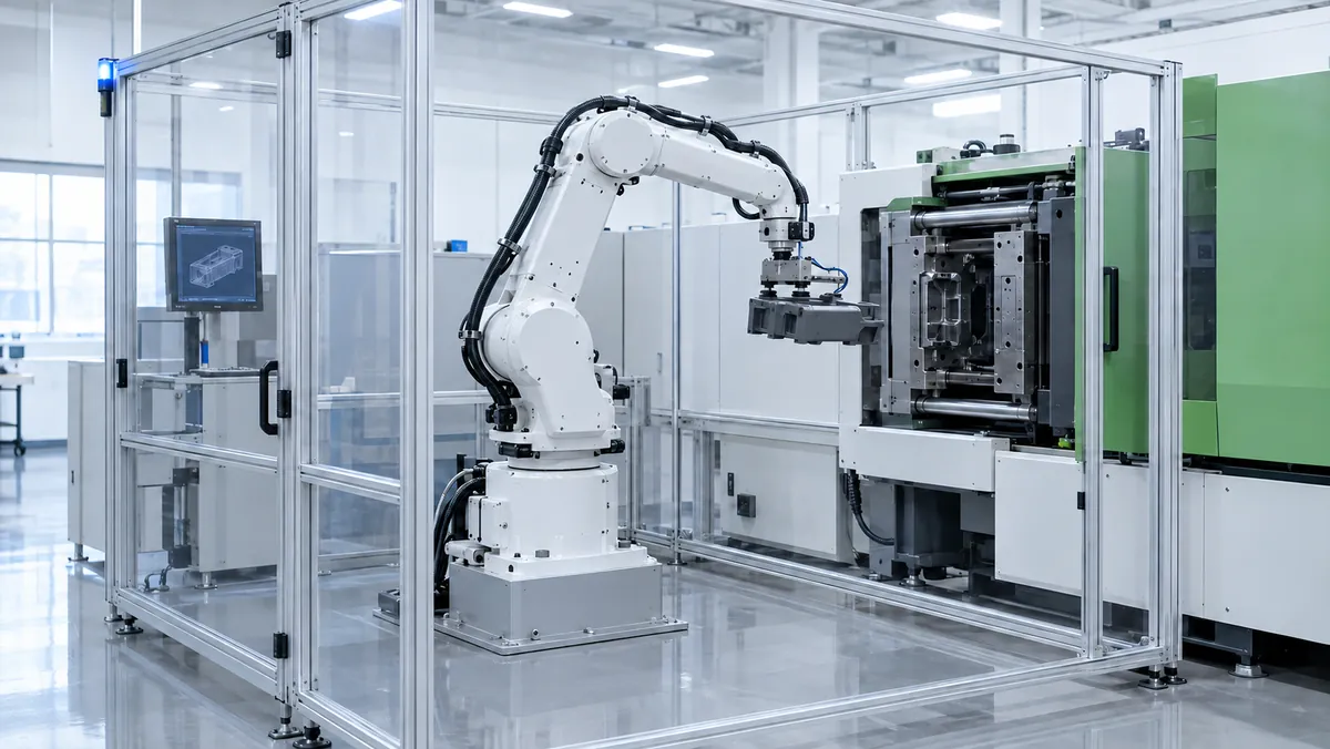 Six-axis robot unloading a molded part inside an automated cell